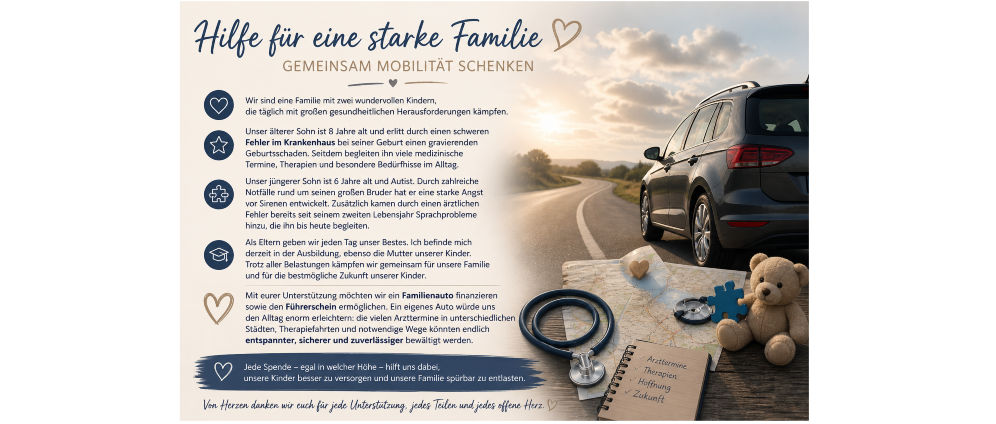Spenden sammeln | Hilfe für eine starke Familie Gemeinsam Mobilität schenken | Spendenseite