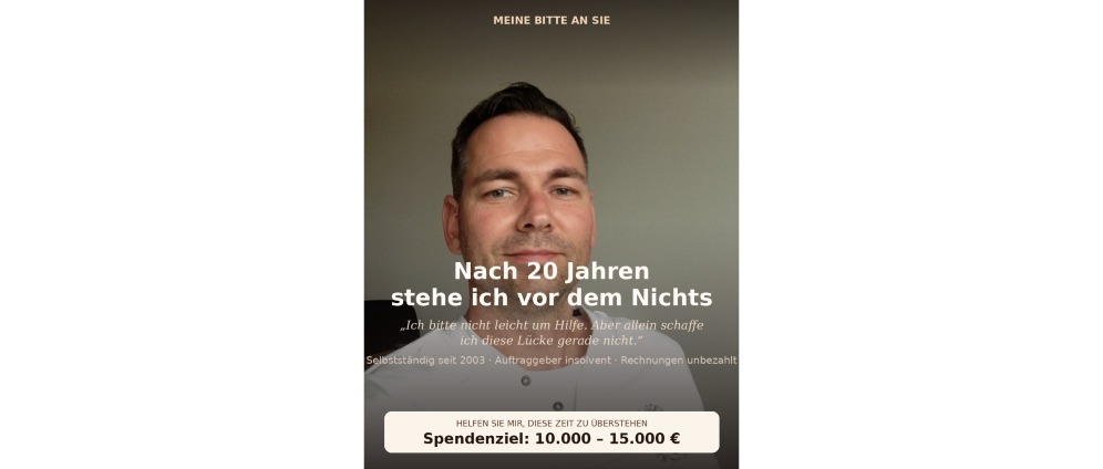 Spenden sammeln | Neustart nach Insolvenz meines Auftraggebers Ihre Hilfe zählt | Spendenseite